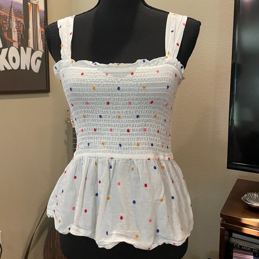 Loft Peplum White Cotton Mult-colored Dot Blouse PS